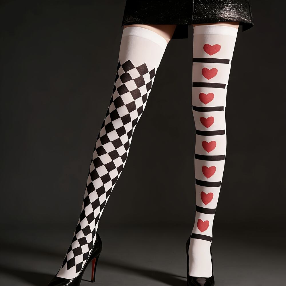 Colorful Checkered Hearts Long Socks Over The Knee Thigh High Poster Style 21"